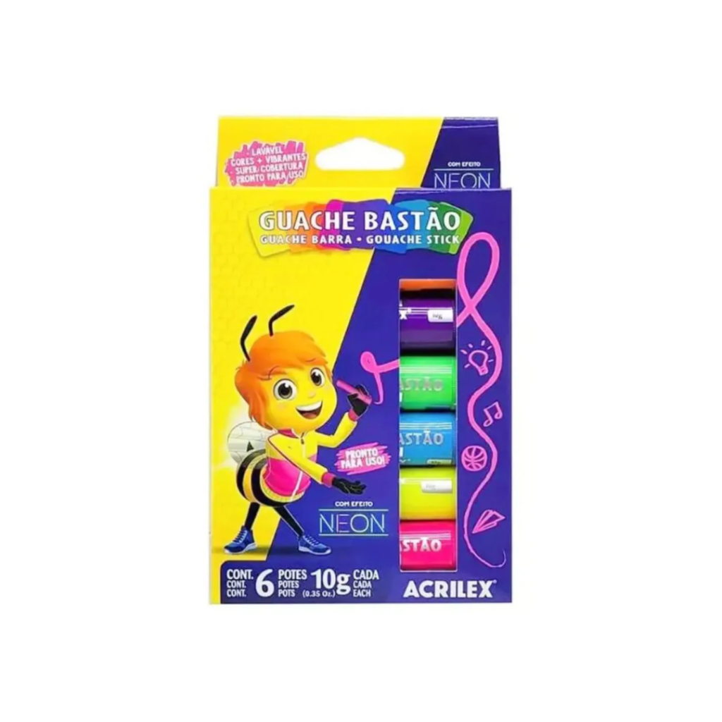 TINTA GUACHE BASTÃO NEON - 6 UNIDADES - 10G CADA - ACRILEX