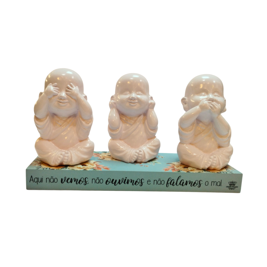 ESCULTURA BUDAS - AQUI NÃO VEMOS, NÃO OUVIMOS E NÃO FALAMOS O MAL - RESINA E MADEIRA - ZENIR DISARZ