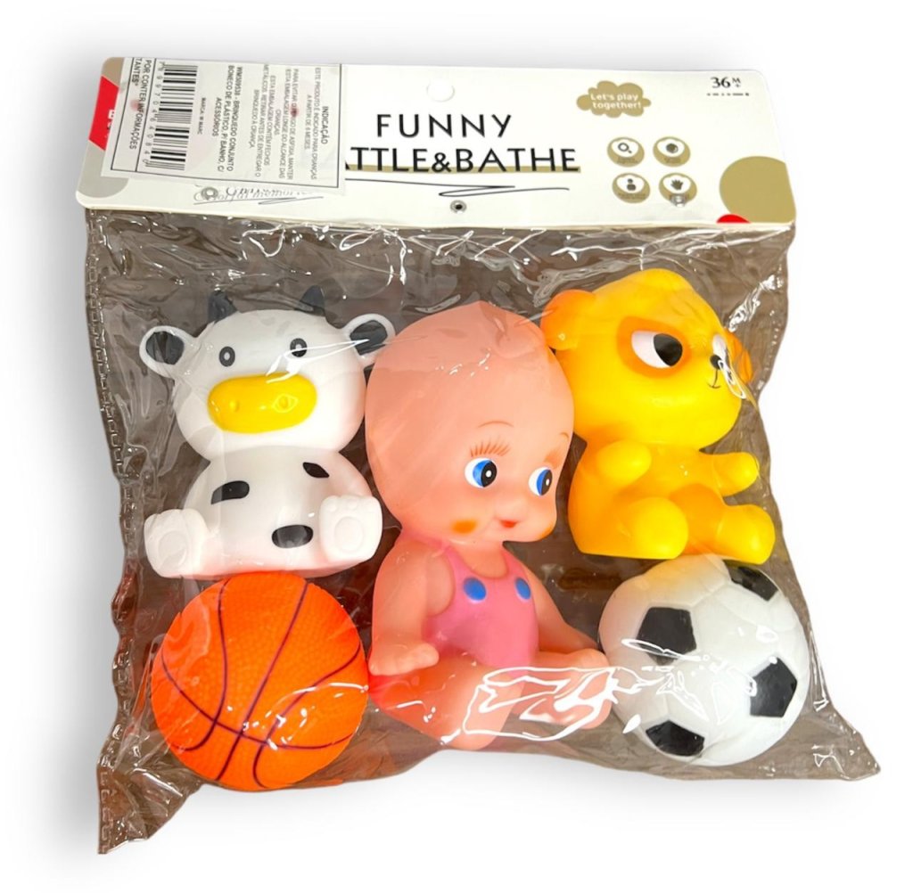 KIT ANIMAIS, BOLINHAS E BEBE DE BORRACHA COM 5 PÇS