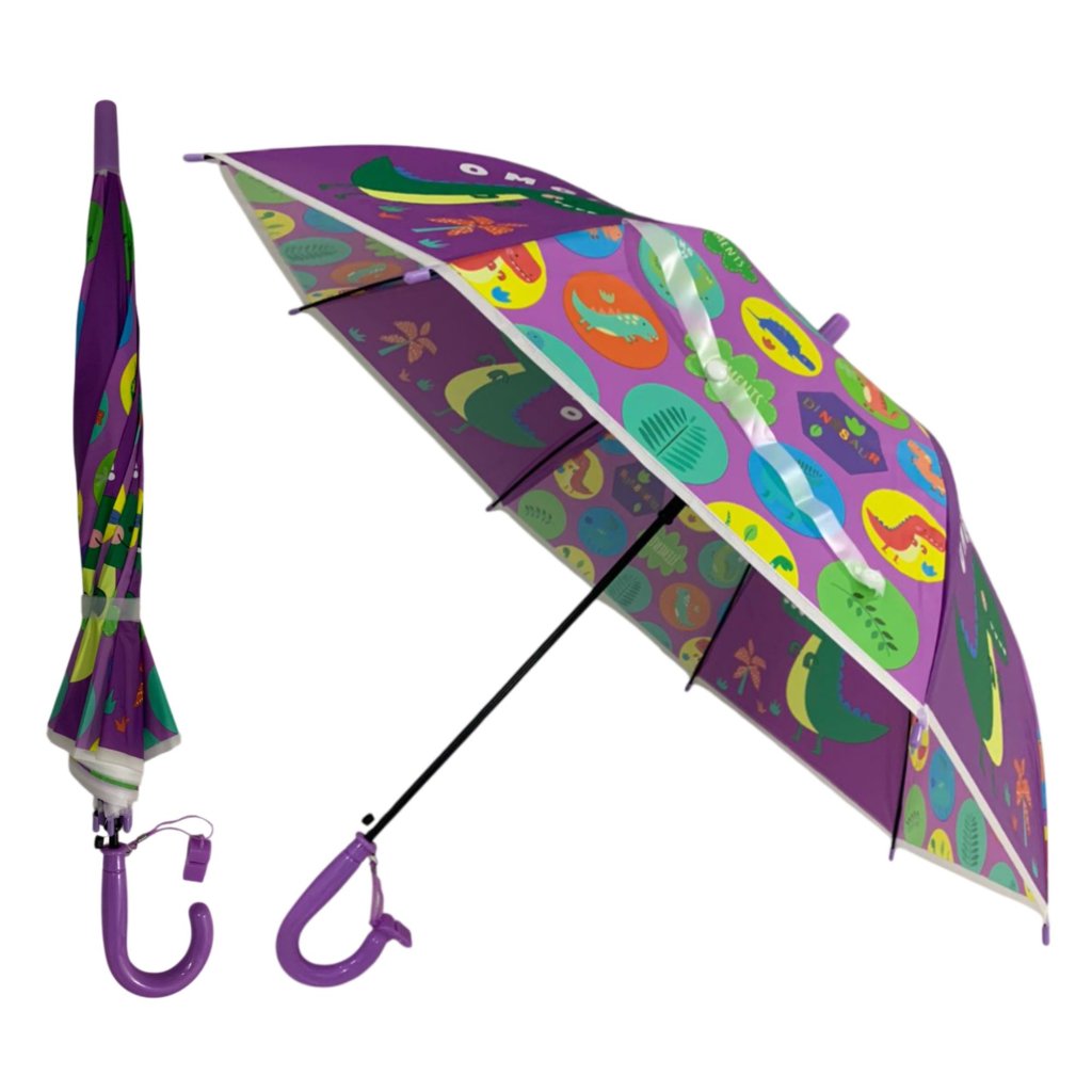 GUARDA-CHUVA AUTOMÁTICO 47CM INFANTIL COM APITO DESENHO DINOSSAURO
