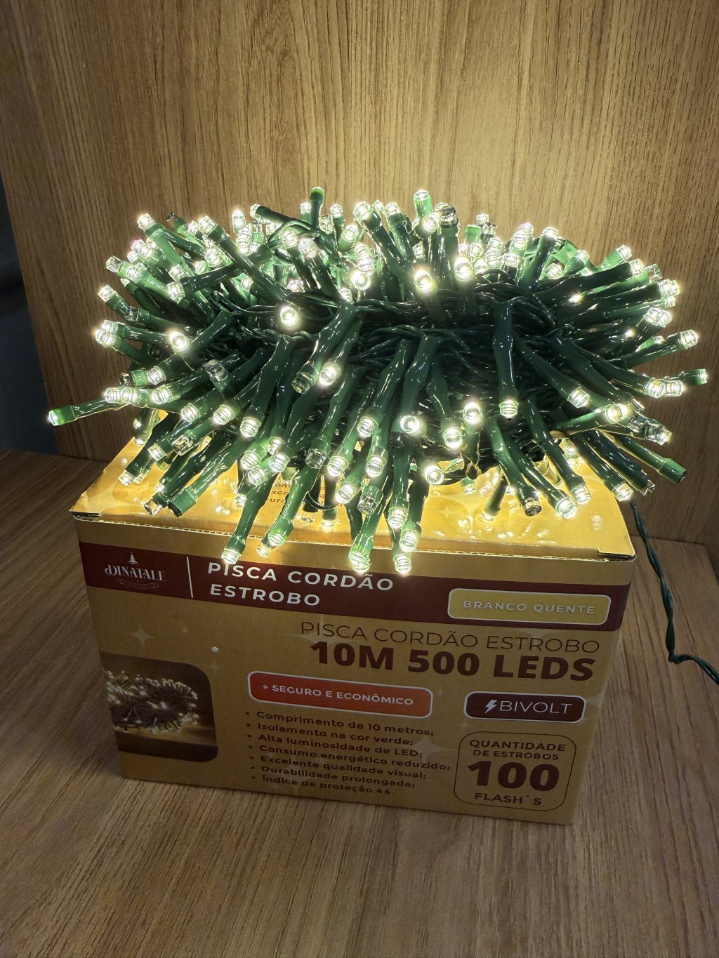 Cordão Estrobo fio verde 10m 500 LEDS BRANCO QUENTE 13697-BQBQ