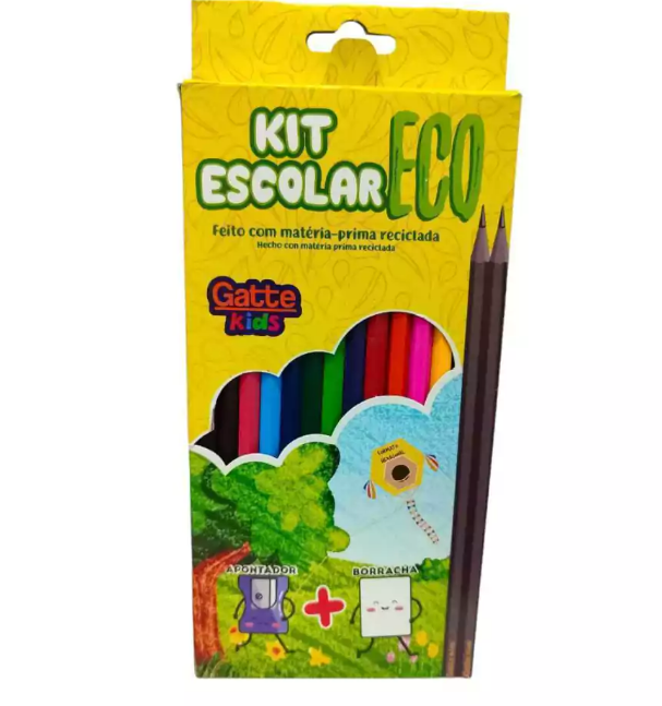 LAPIS DE COR ECO 12 CORES- GATTE KIDS  +  APONTADOR +  BORRACHA 