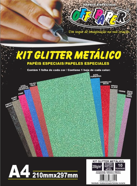 KIT PAPEL GLITTER METALICO CORES MISTURADAS 250G COM 10 FOLHAS - OFF PAPER