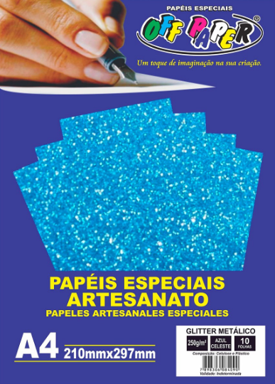 PAPEL GLITTER METALICO AZUL CELESTE 250G COM 10 FOLHAS - OFF PAPER