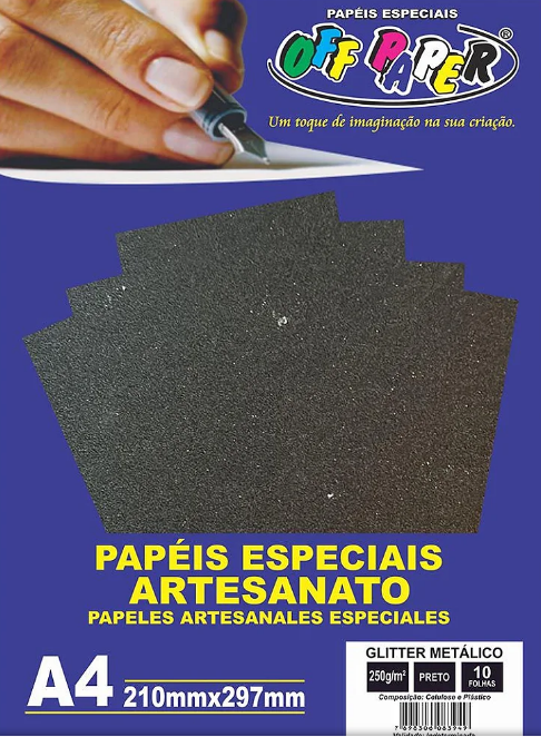PAPEL GLITTER METALICO PRETO 250G COM 10 FOLHAS - OFF PAPER