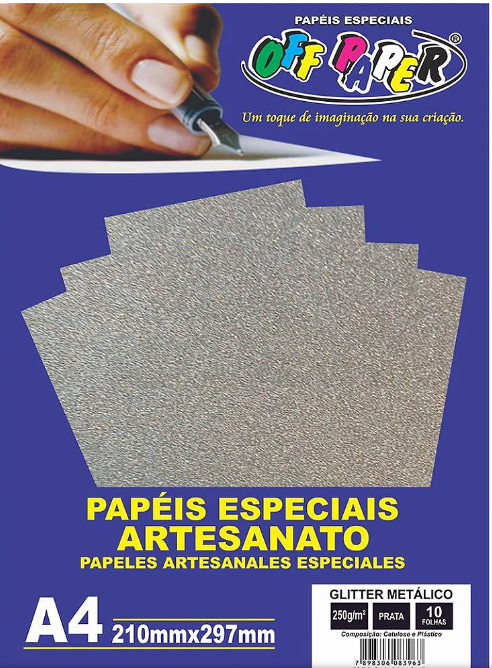 PAPEL GLITTER METALICO PRATA 250G COM 10 FOLHAS - OFF PAPER