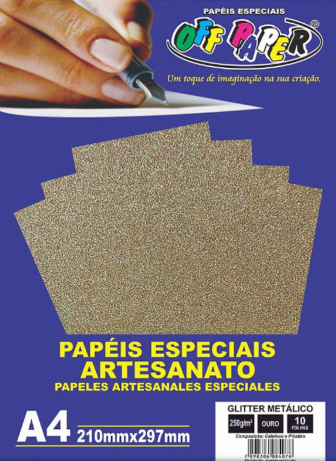 PAPEL GLITTER METALICO OURO 250G COM 10 FOLHAS - OFF PAPER