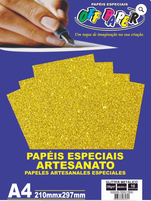PAPEL GLITTER METALICO AMARELO 250G COM 10 FOLHAS - OFF PAPER