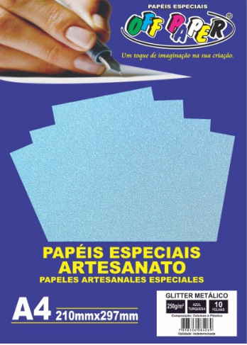PAPEL GLITTER METALICO AZUL TURQUESA 250G COM 10 FOLHAS - OFF PAPER