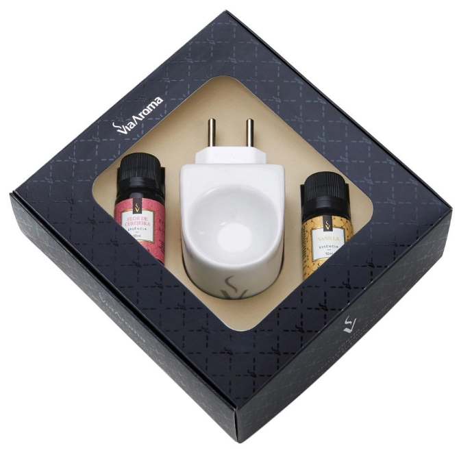 Kit Presente Aromatizador Elétrico Original mais 2 Essências Via Aroma - Flor de Cerejeira e Vanilla