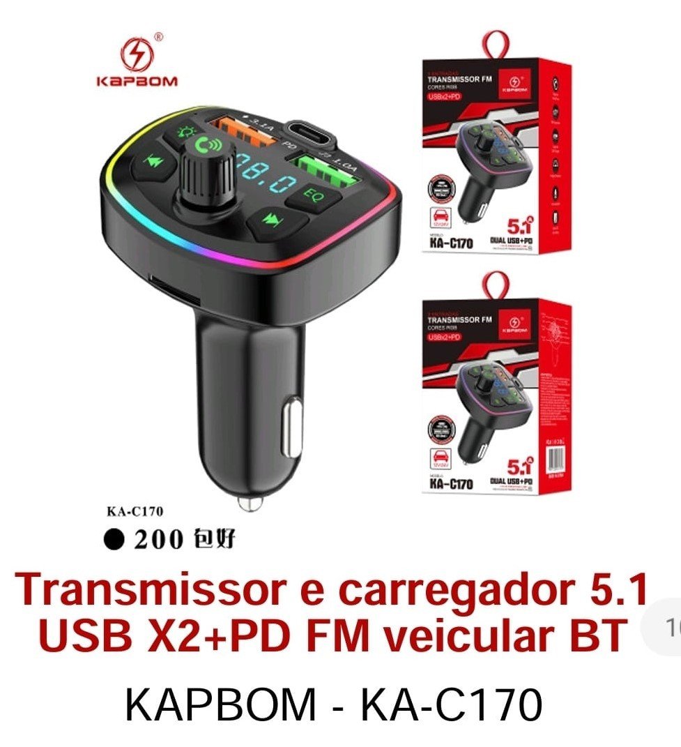 TANSMISSOR E CARREGADOR KAPBOM 5,1 USB +PD FM