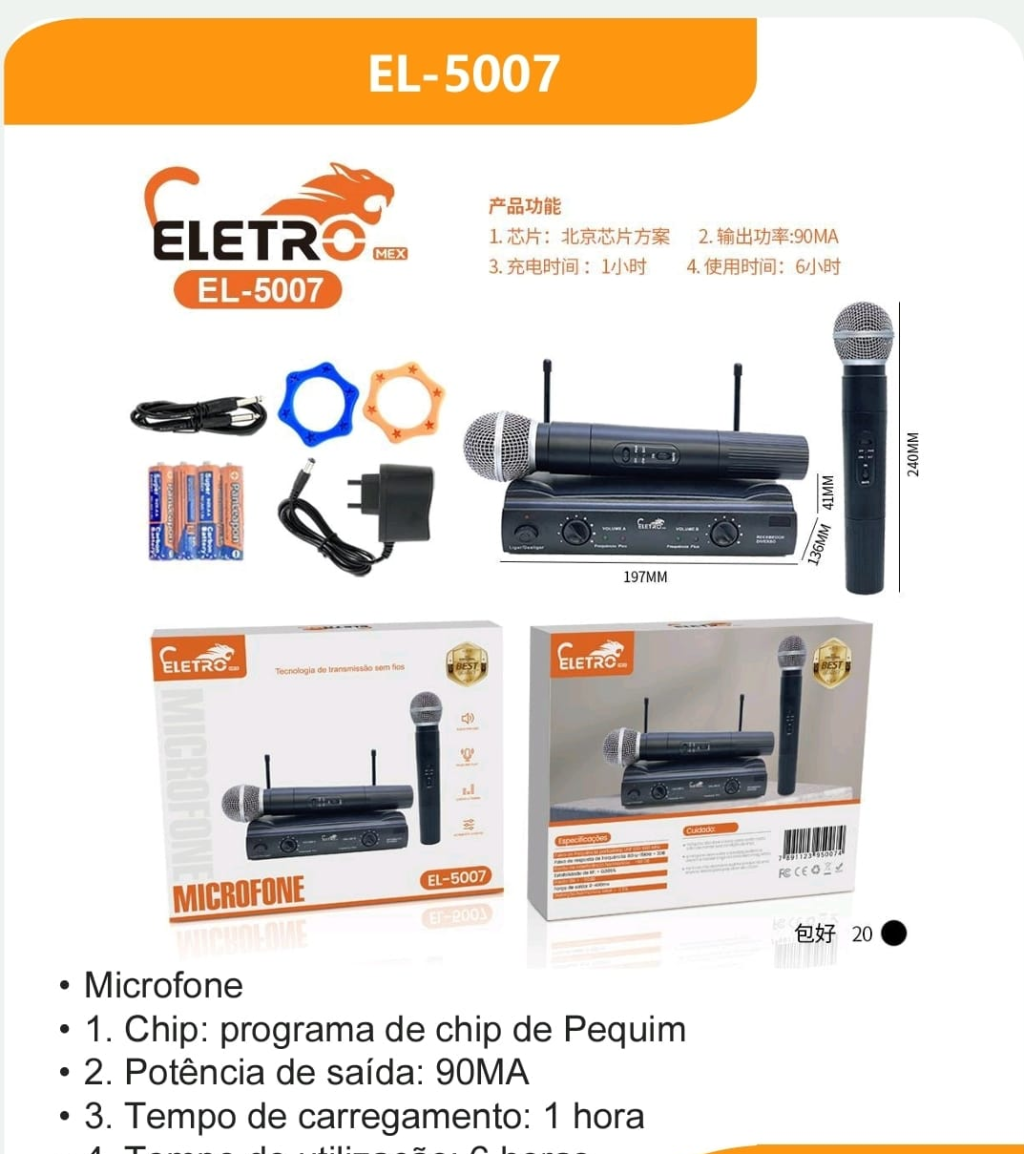 MICROFONE SEM FIO E RECEPTOR PROFISSIONAL ELETRO 