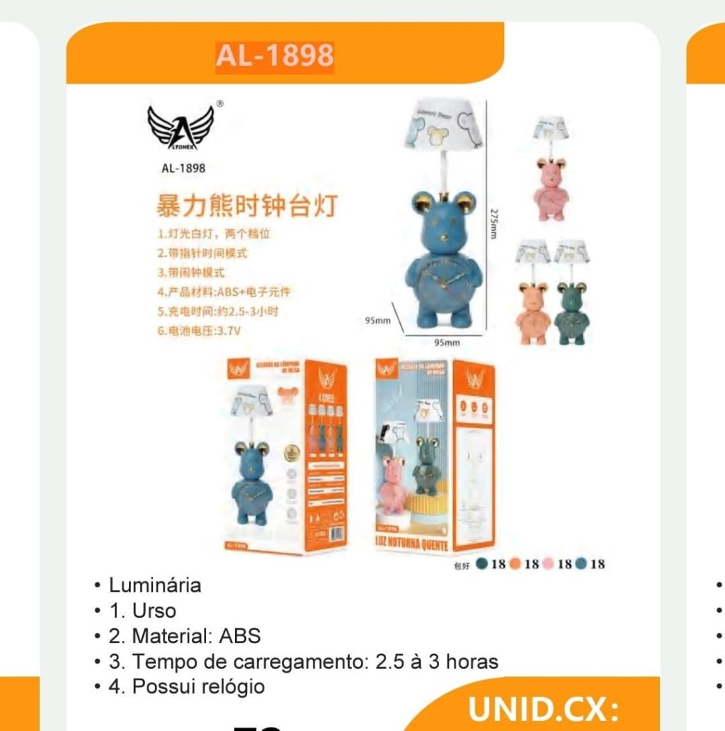 RELÓGIO E LUMINÁRIA INFANTIL URSO ALTOMEX