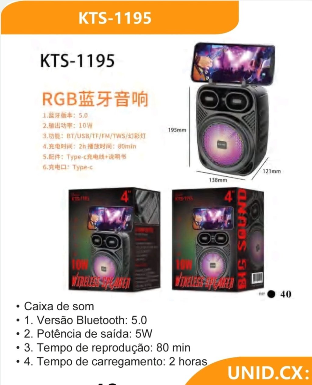 CAIXA DE SOM BLUETOOTH RGB KTS