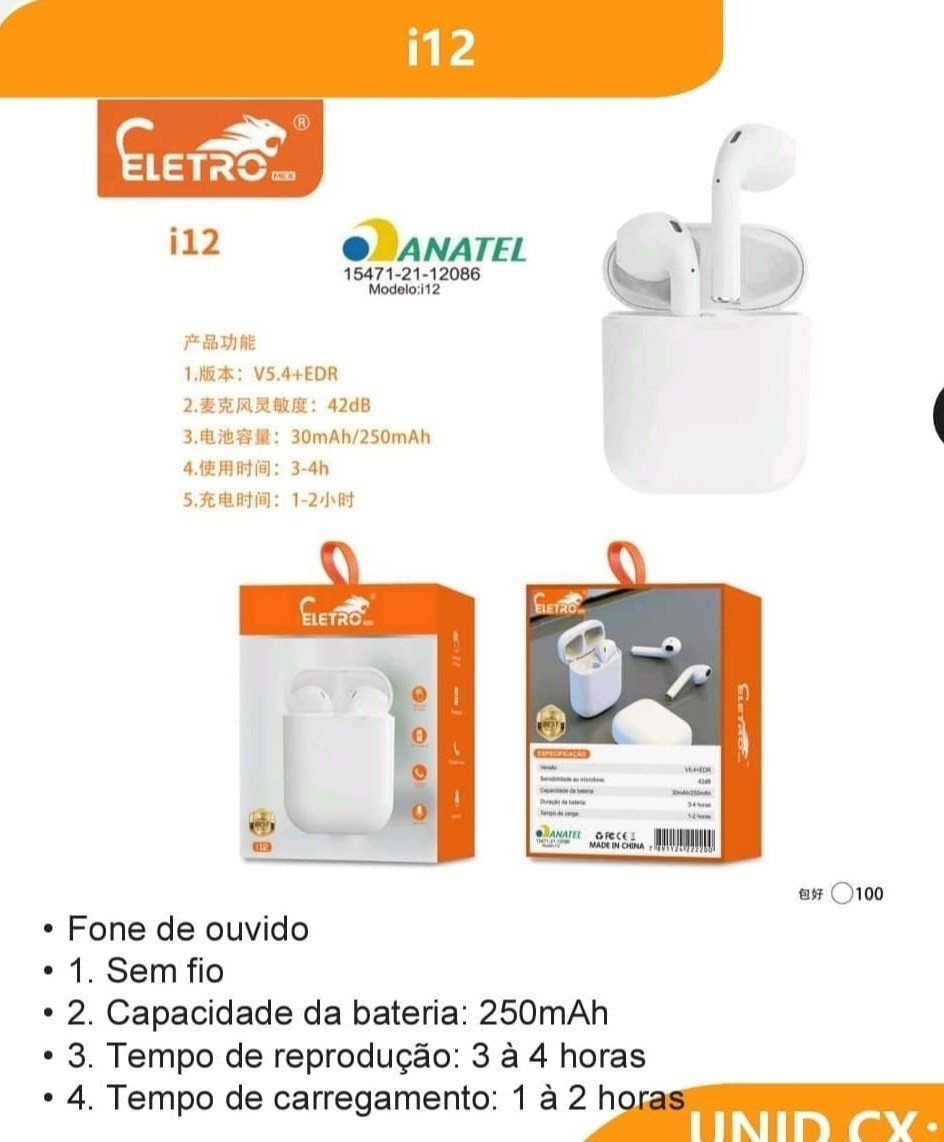 FONE BLUETOOTH I12 ELETRO