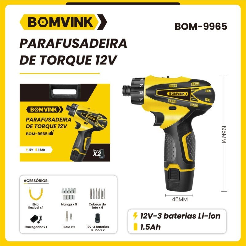 PARAFUSADEIRA DE TORQUE 12V BOMVINK