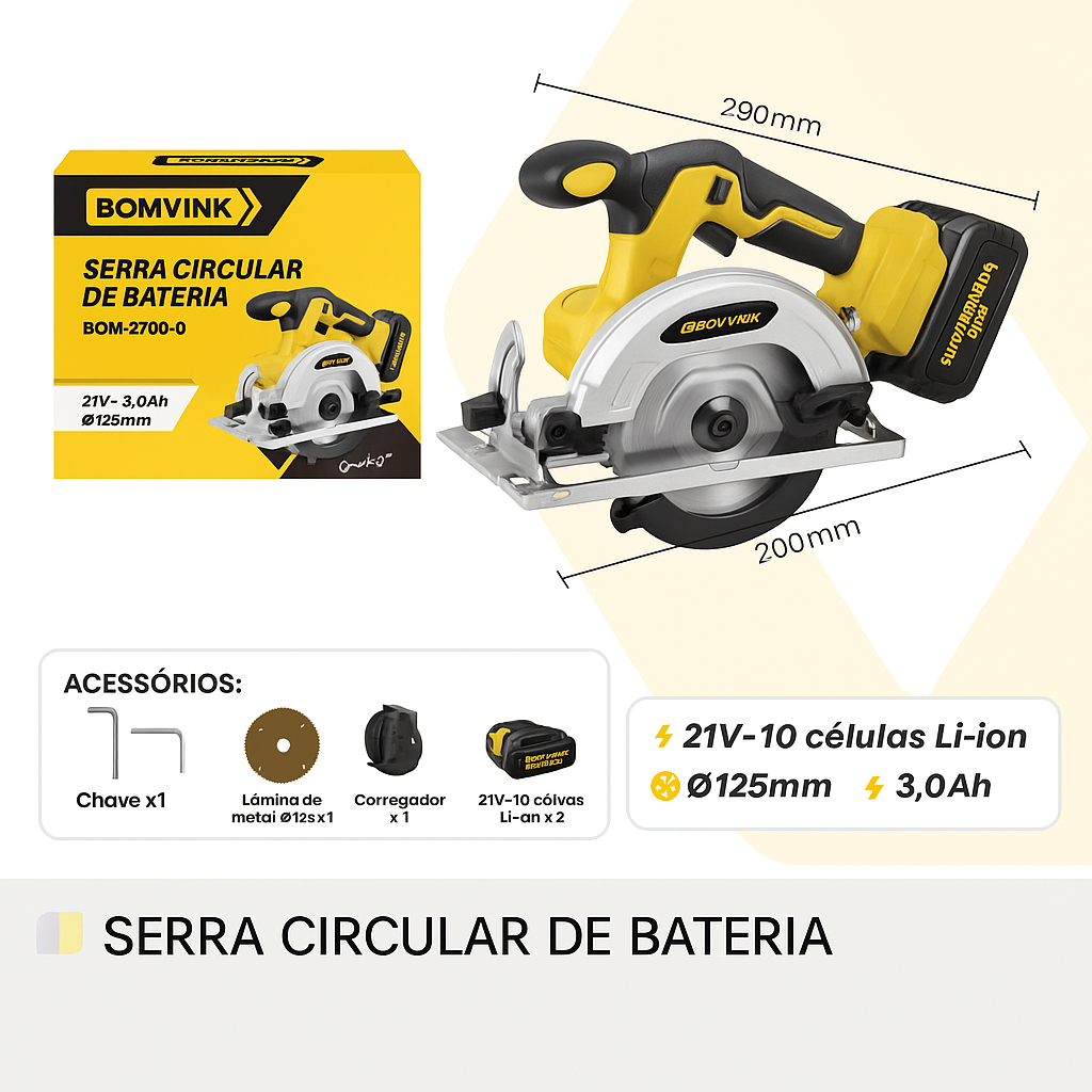 SERRA CIRCULAR 125MM CORTA MADEIRA PROFISSIONAL 3.0AH BIVOLT BOMVINK