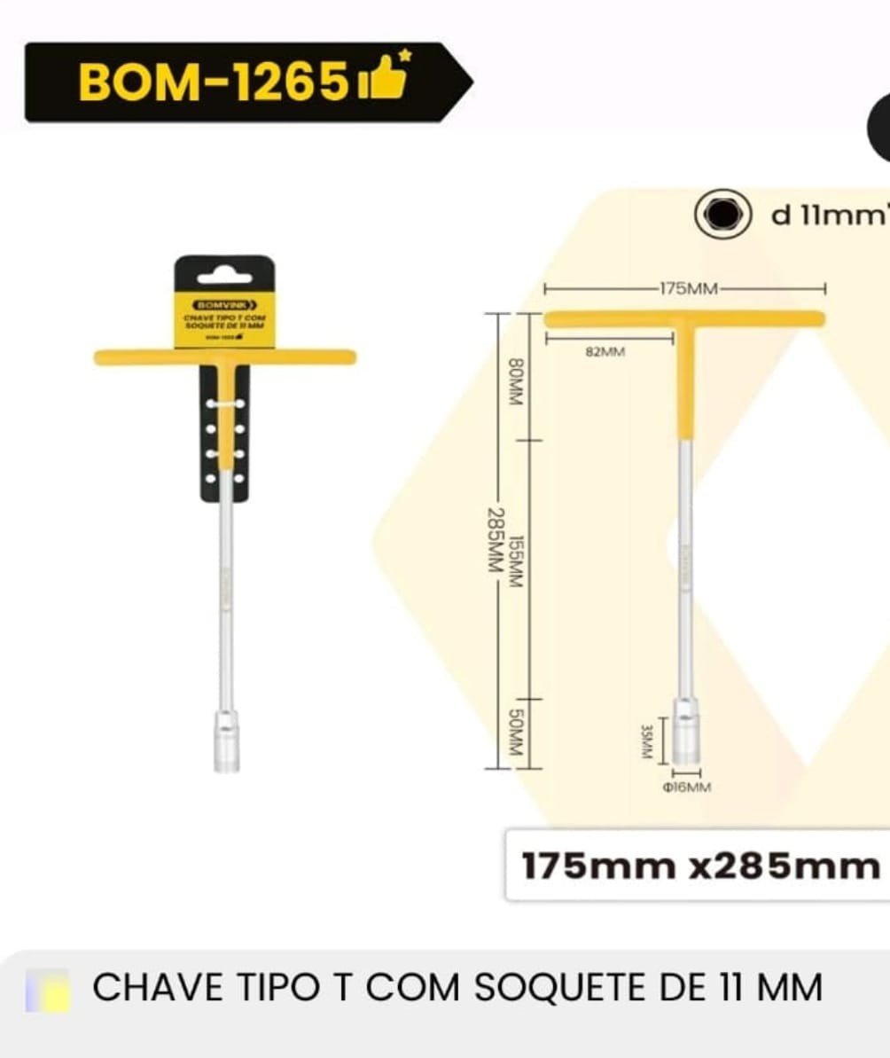 CHAVE CANHÃO TIPO T COM SOQUETE DE 11MM BOMVINK