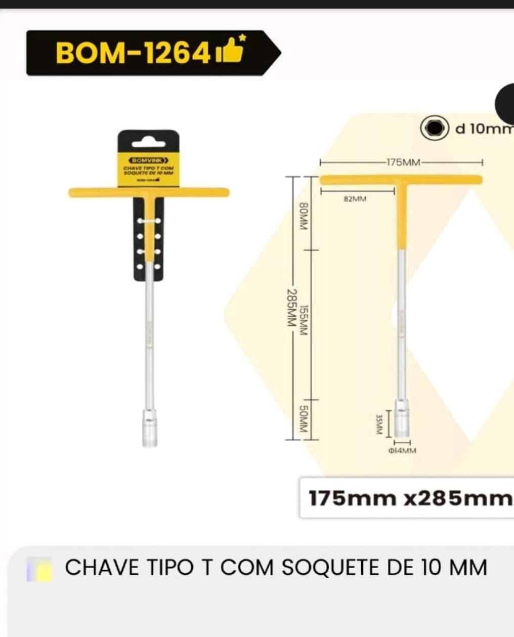 CHAVE CANHÃO TIPO T COM SOQUETE DE 10MM BOMVINK