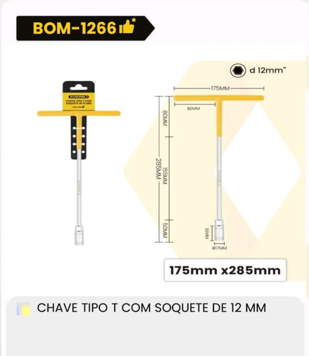 CHAVE CANHÃO TIPO T COM SOQUETE DE 12MM BOMVINK