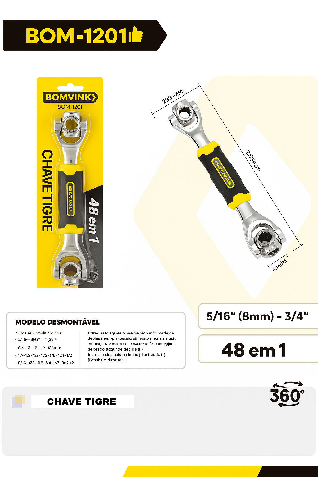 CHAVE TIGRE MULTIFUNCIONAL UNIVERSAL SOQUETE 48 em 1 Giro 360° BOMVINK