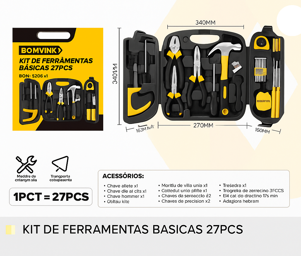 KIT DE FERRAMENTAS BÁSICAS 27 PEÇAS BOMVINK