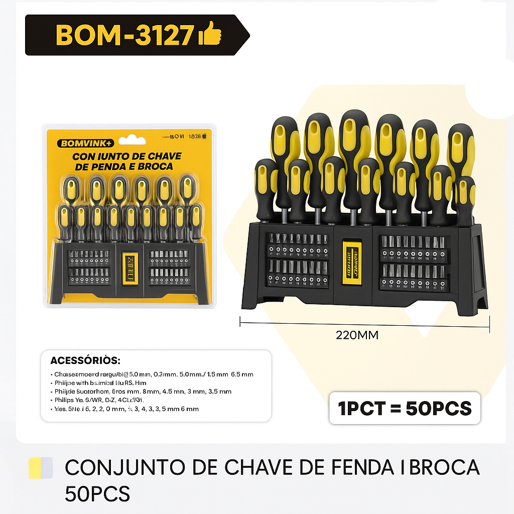 CONJUNTO DE CHAVES DE FENDA E BROCA 50 PEÇAS BOMVINK