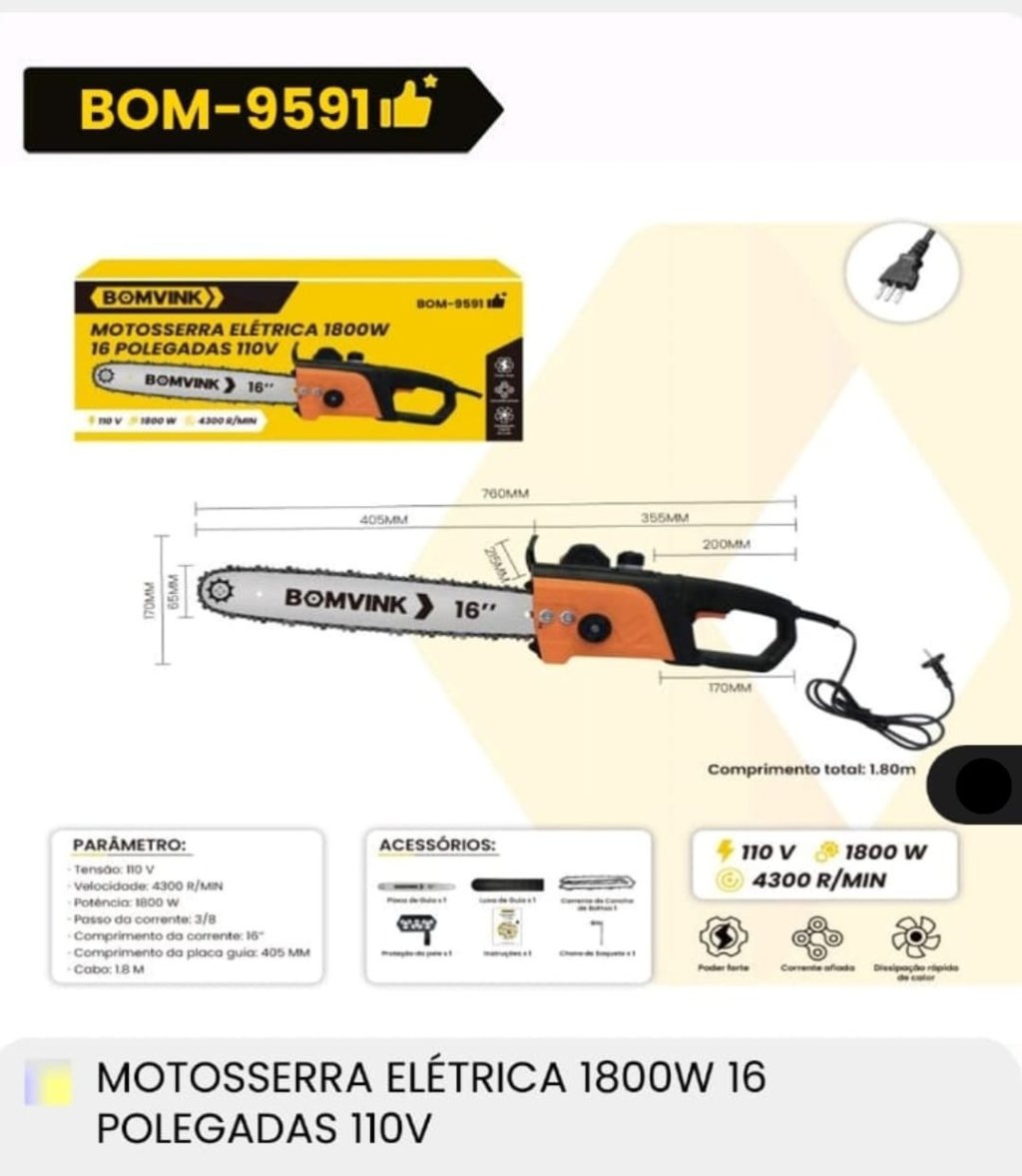 MOTOSERRA ELÉTRICA 1800W 16 POLEGADAS 110V BOMVINK