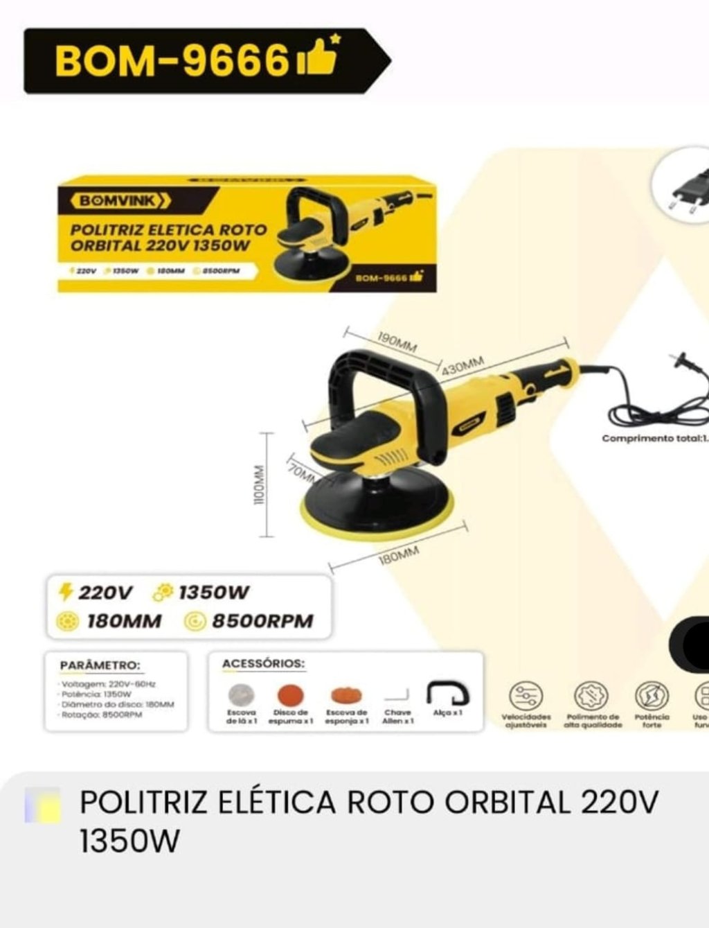 POLITRIZ ELÉTRICA ROTO ORBITAL 220V 1350W BOMVINK