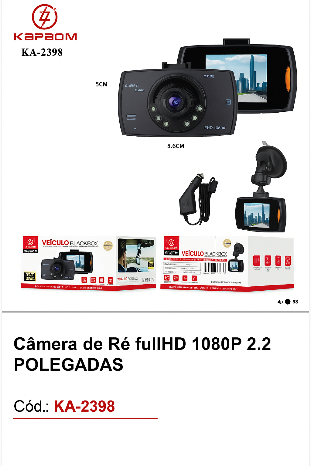 CÂMERA DE RÉ FULLHD 1080P 2.2 POLEGADAS KAPBOM