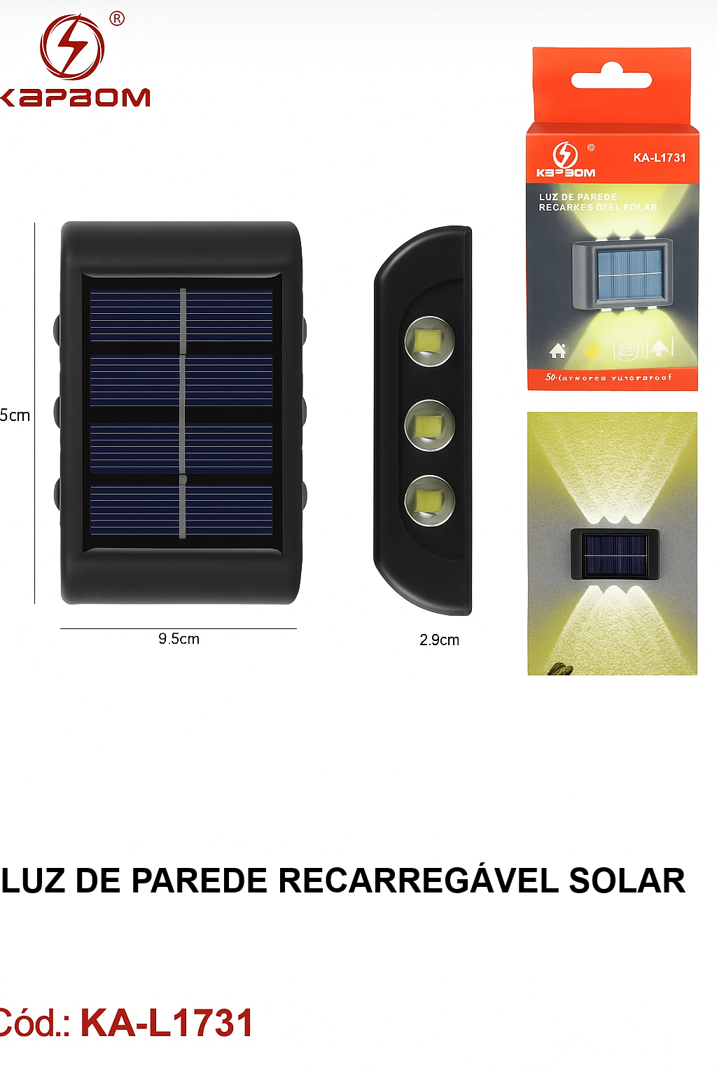 LUZ DE PAREDE RECARREGÁVEL SOLAR KAPBOM