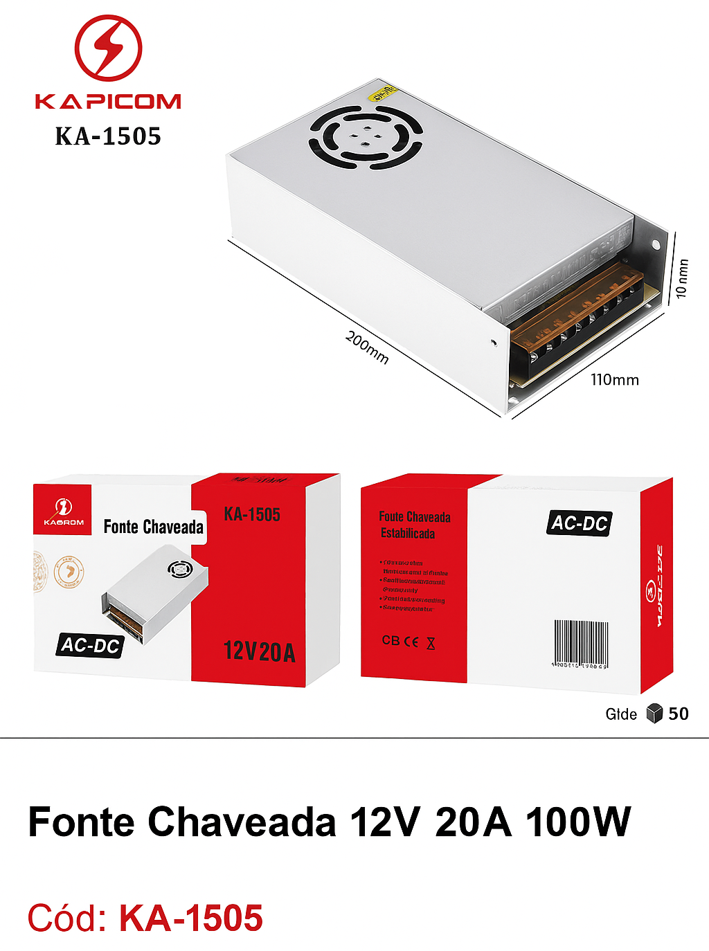 FONTE CHAVEADA 12V 20A 100W