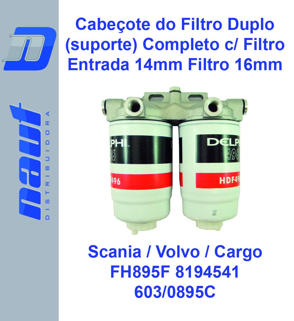 Cabeçote (suporte) do Filtro Duplo Completo c/ Filtros Entrada 14mm Filtro 16mm Scania Volvo Cargo FH895F 8194541