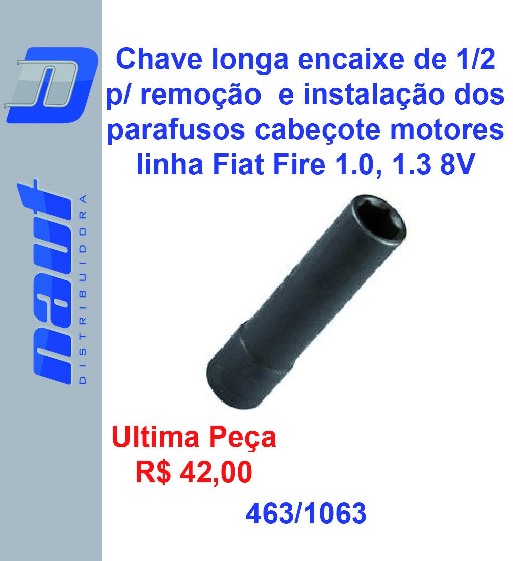 Chave longa encaixe de 1/2 p/ remoção  e instalação dos parafusos cabeçote motores linha Fiat Fire 1.0, 1.3 8V