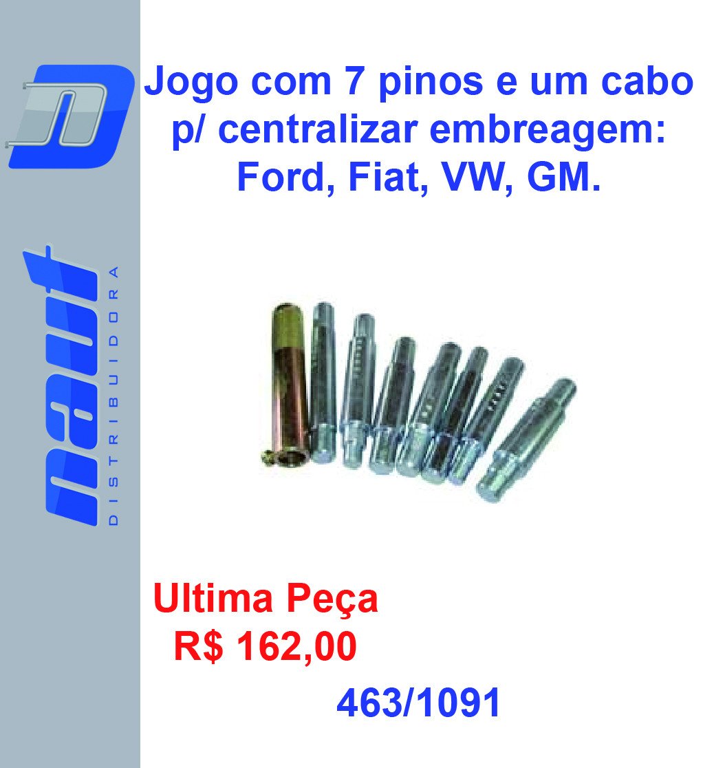 Jogo com 7 pinos e um cabo p/ centralizar embreagem: Ford, Fiat, VW, GM.