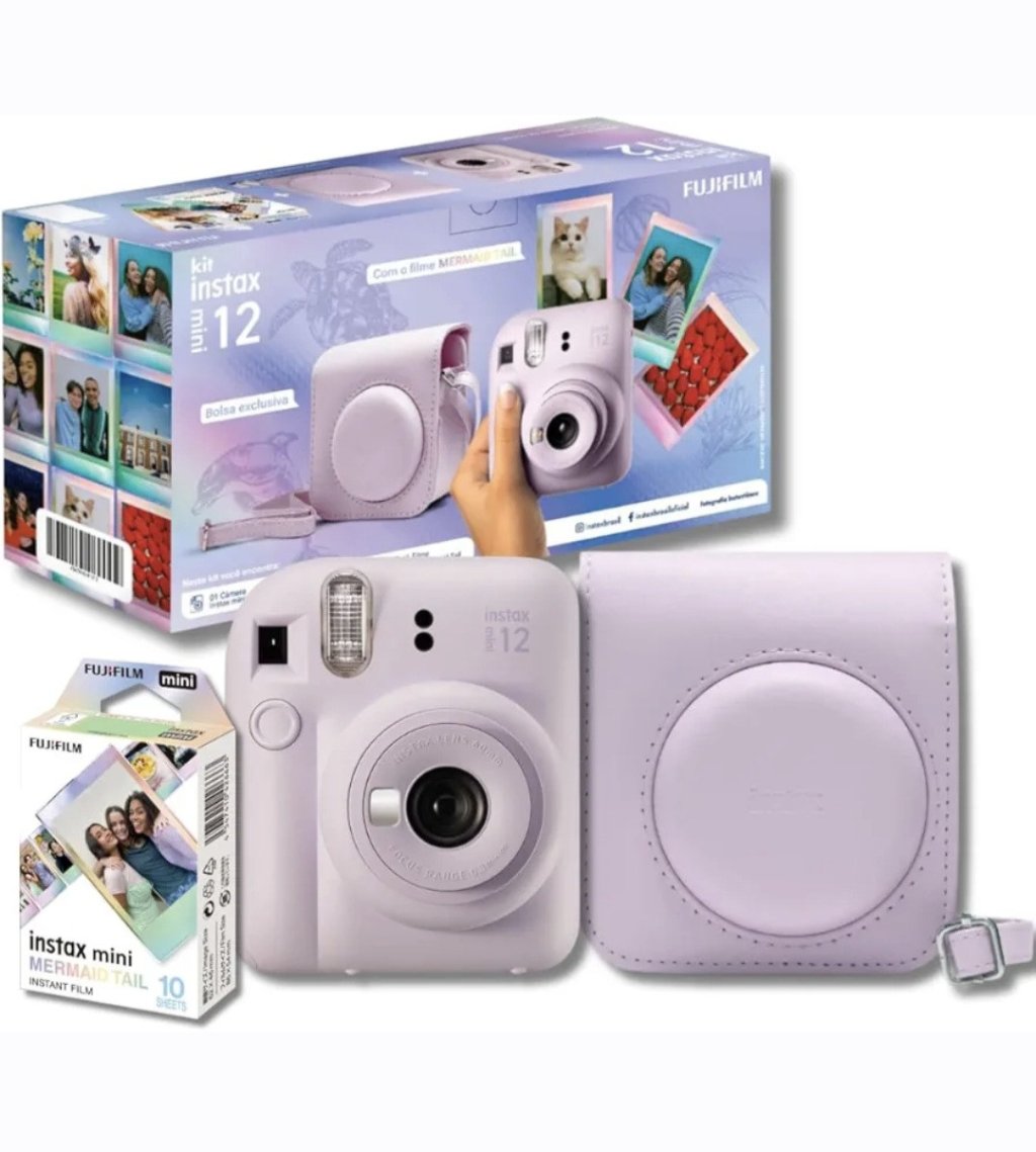 Kit Câmera Instax Mini 12 Lilás Candy com bolsa + filme Mermaid Tail 10 fotos