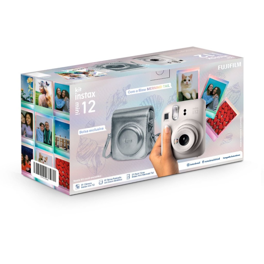 Kit Camera Instax Mini 12 Branco Marfim com bolsa + filme Mermaid Tail 10 fotos