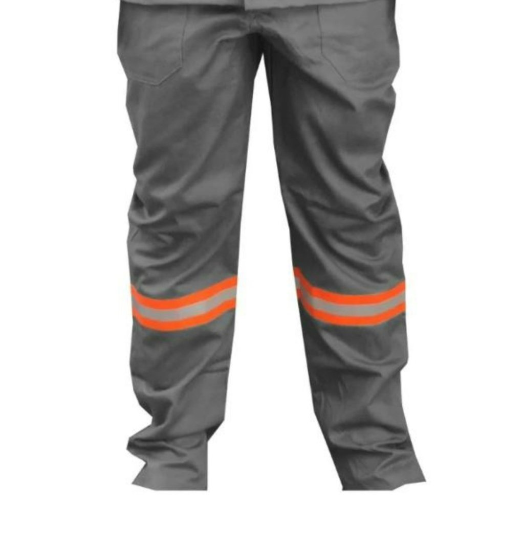 CALCA DE BRIM ANTI-CHAMA CINZA FAIXA LARANJA 