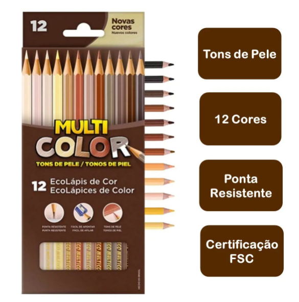 Lápis de Cor Multicolor - Tons de Pele - 12 Cores