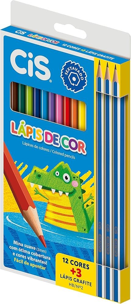 Lápis de Cor 12 Cores + 3 Lápis grafite HB nº 2 - Cis