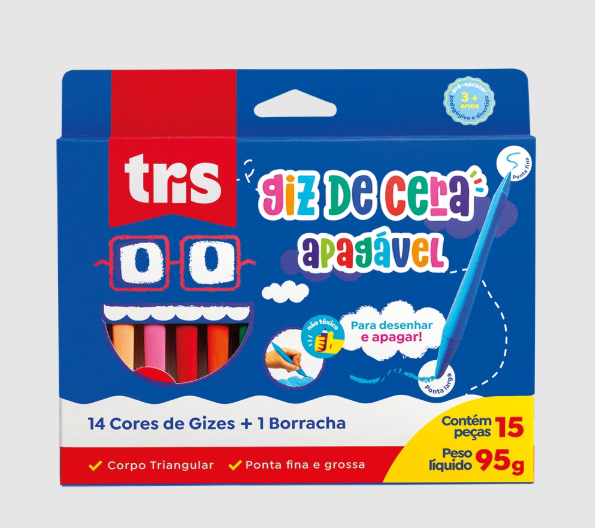 Giz Apagável – 12 Cores Regulares + 2 Cores Metálicas + Borracha – Tris 
