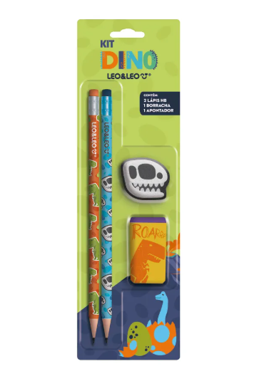 Kit Lápis HB Dino com Borracha e Apontador | Leo&Leo