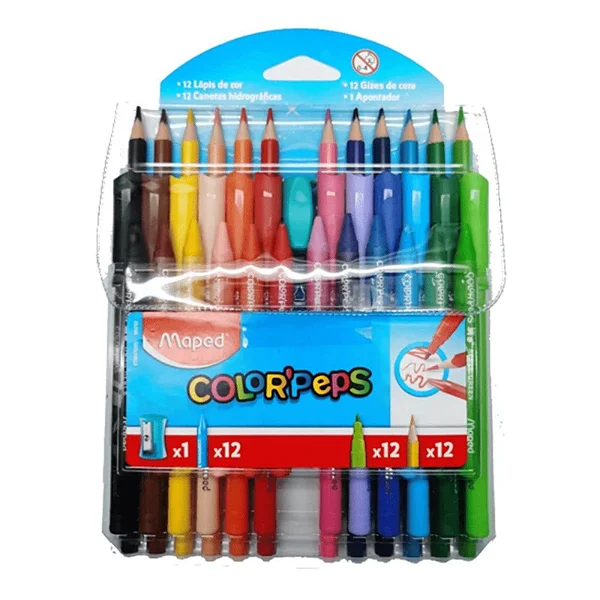 Kit 12 Lápis de Cor + 12 Canetinhas + 12 Giz de cera + 1 Apontador - Maped