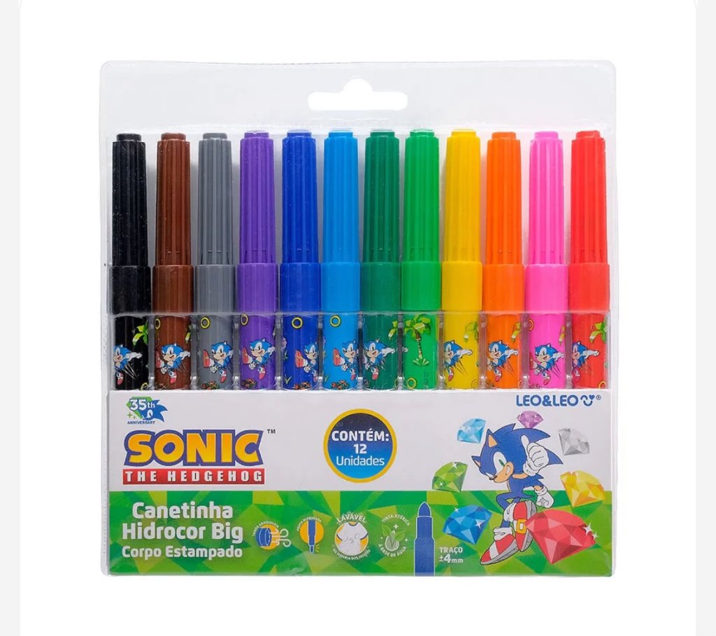 Canetinha Jumbo 12 CORES Corpo estampado (SONIC) - LEO&LEO