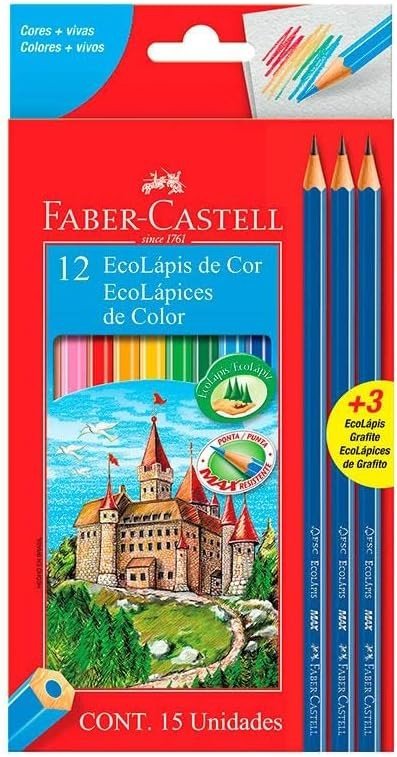LAPIS DE COR FABER-CASTELL KIT 12 CORES +3 LAPIS GRAFITE
