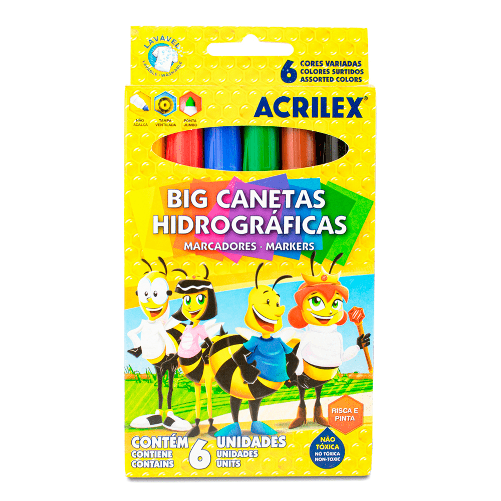 CANETINHA HIDROCOR JUMBO 6 CORES ACRILEX