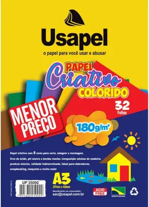 BLOCO COLORIDO CRIATIVO A3 180GRS 8 CORES 32FLS USAPEL