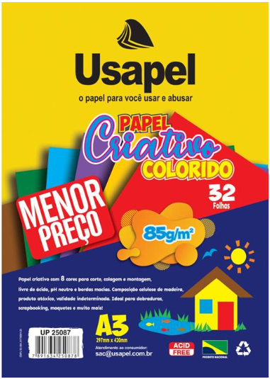 BLOCO COLORIDO CRIATIVO A3 85GRS 8 CORES 32FLS USAPEL