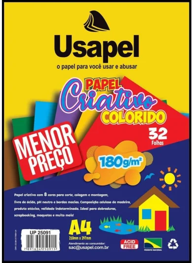 BLOCO COLORIDO CRIATIVO A4 180GRS 8 CORES 32FLS USAPEL