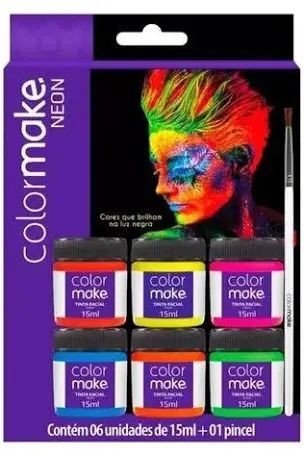 KIT TINTA FACIAL NEON  C/6 DE 15 ML + PINCEL